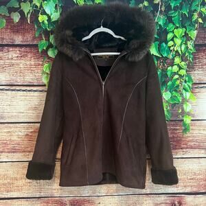 Marvin Richards Full Zip Jacket Small Suede Genuine Fox Fur Trim Brown Hooded